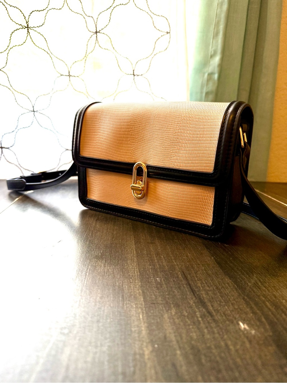 Jules Kae Beige and Black Crossbody Bag with Gold Hardware